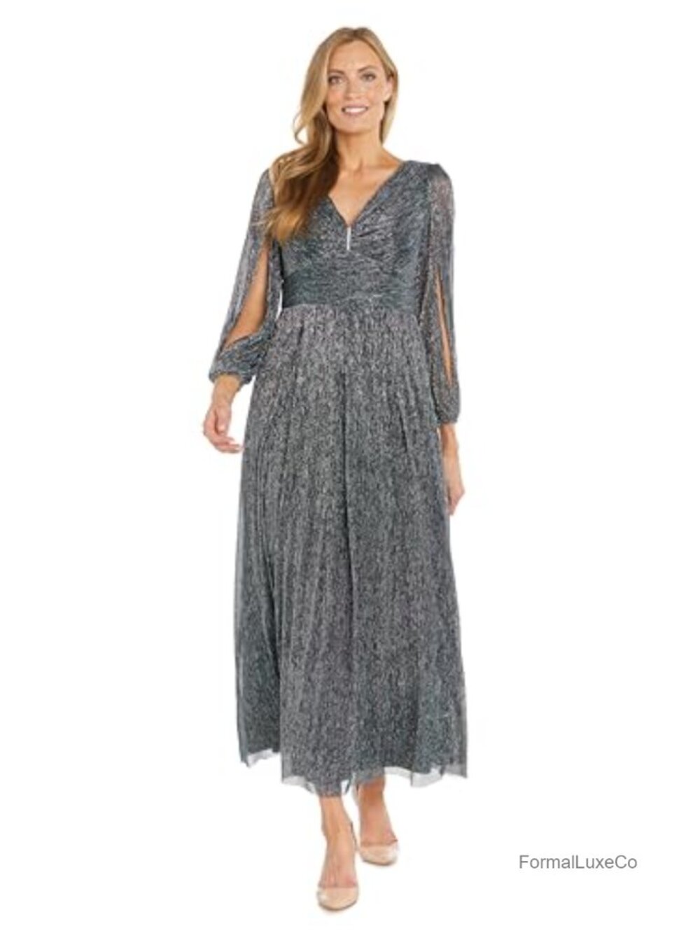 R&M Richards Pleated Empire Waist Gown Sheer Split Sleeves Formal Dress